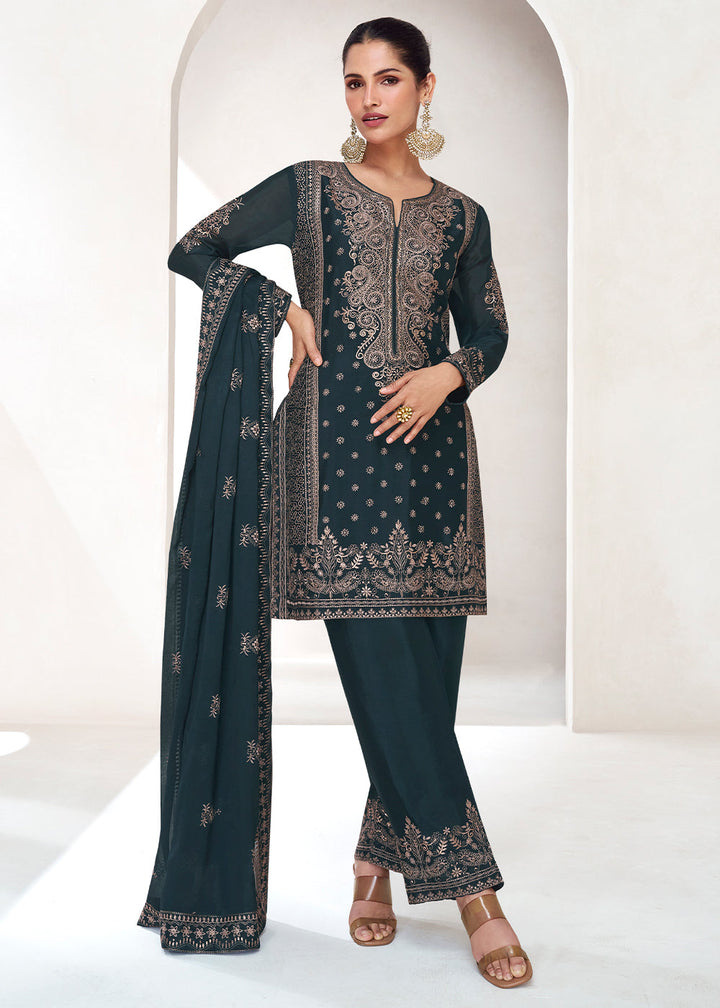 Dark Greyish Green Chinon Silk Embroidered Plazzo Suit