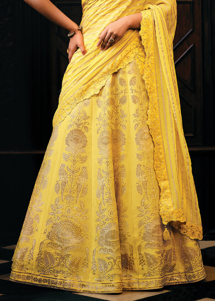 Aureolin Yellow Viscose Silk Lehenga Choli With Heavy Handwork Embroidery