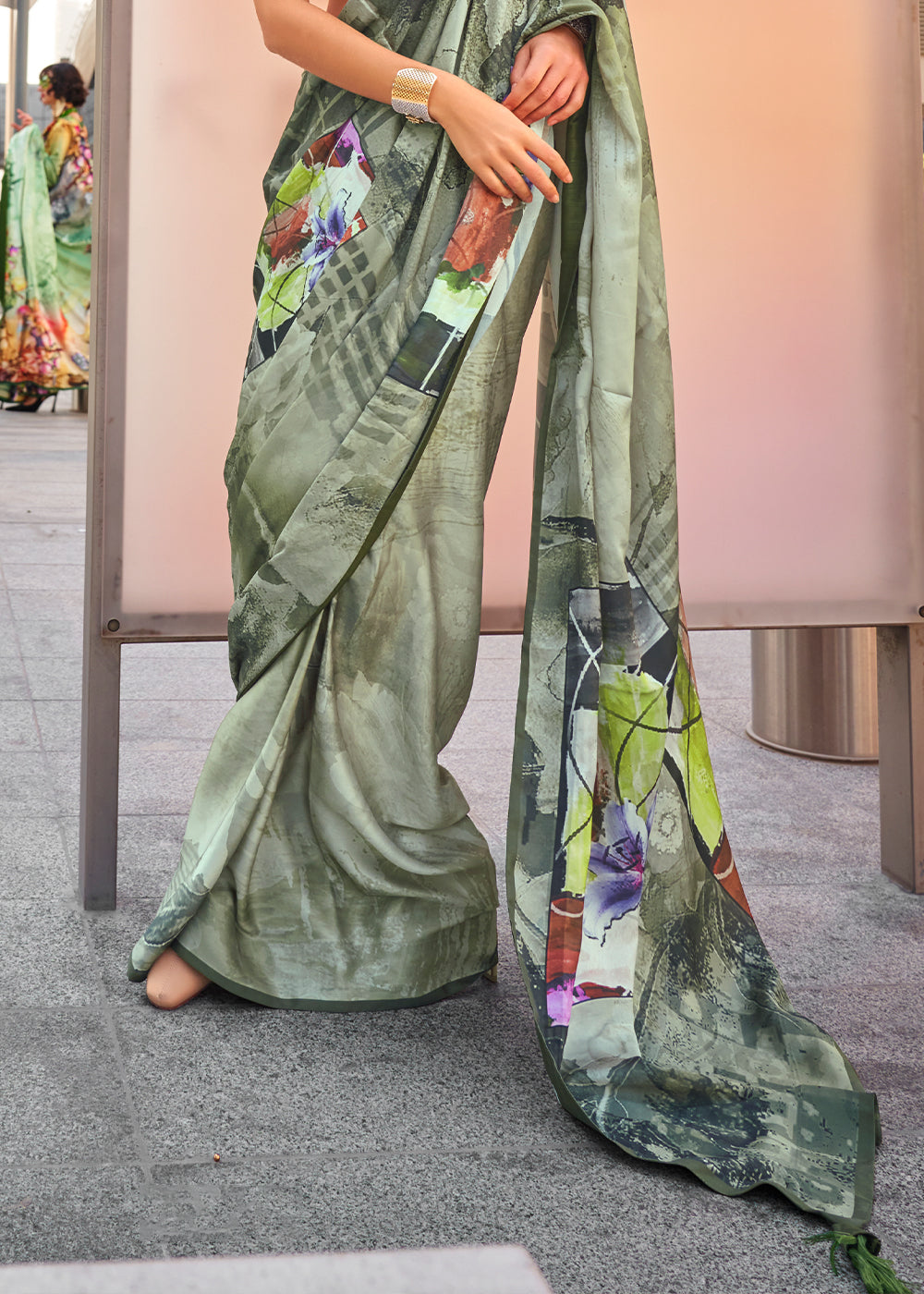 Basil Green Digital Printed Satin Crepe Designer Saree