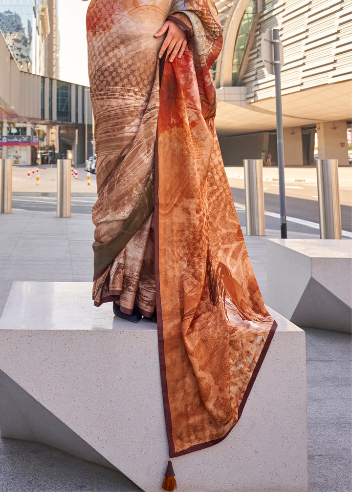 Shades Of Brown Digital Printed Satin Crepe Designer Saree