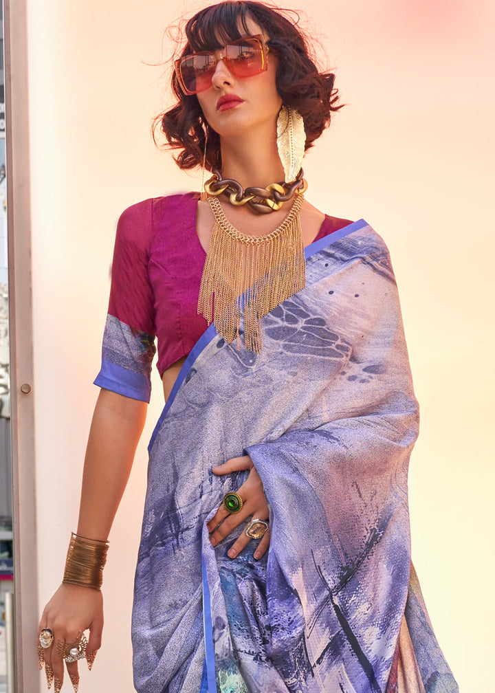 Shades Of Blue Digital Printed Satin Crepe Designer Saree