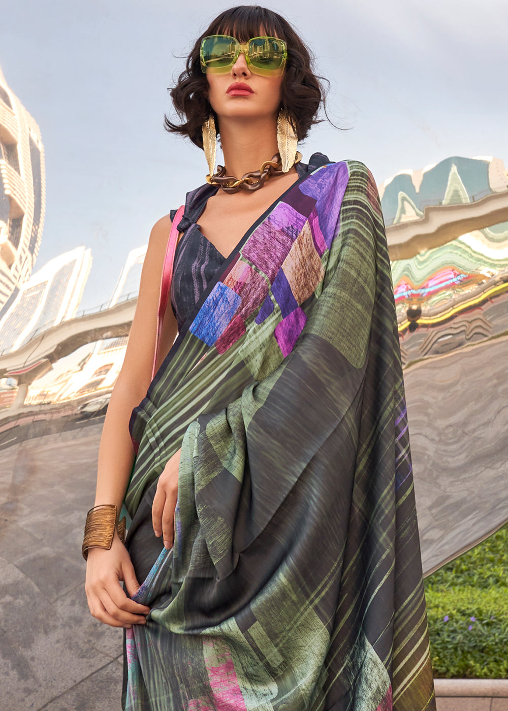 Army Green Digital Printed Satin Crepe Designer Saree