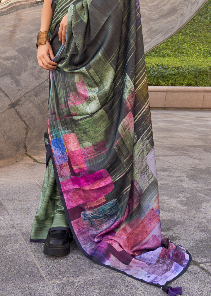 Army Green Digital Printed Satin Crepe Designer Saree