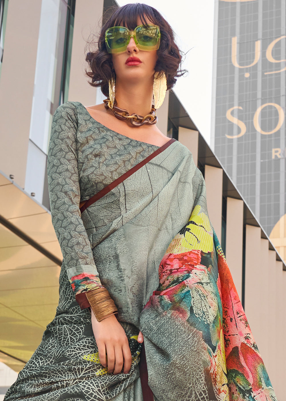 Light Grey Digital Printed Satin Crepe Designer Saree