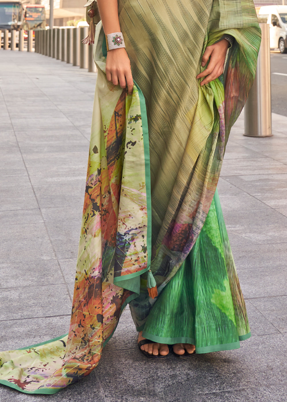 Shades Of Green Digital Printed Satin Crepe Designer Saree