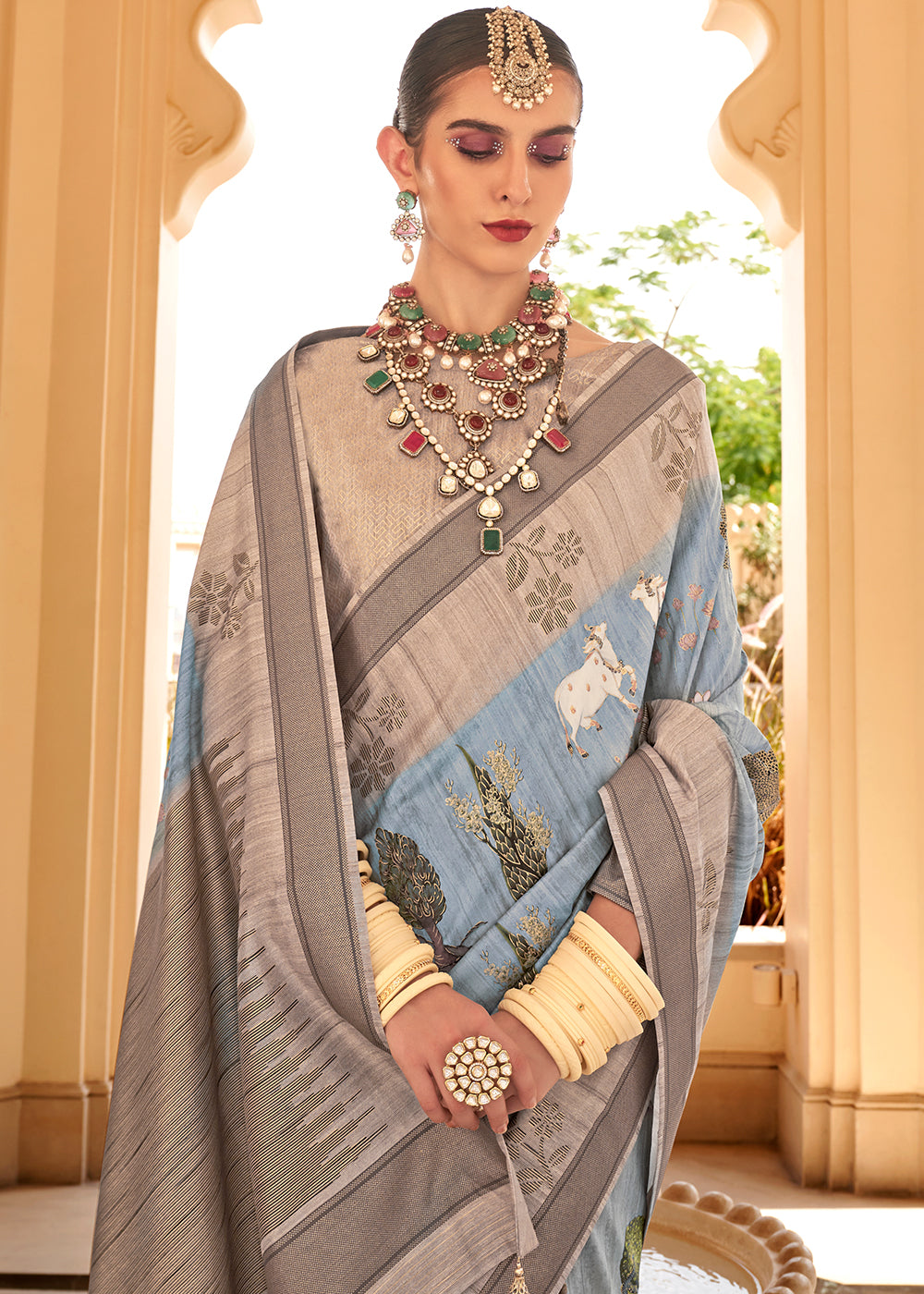 Soft Blue Khadi Printed Raw Silk Saree