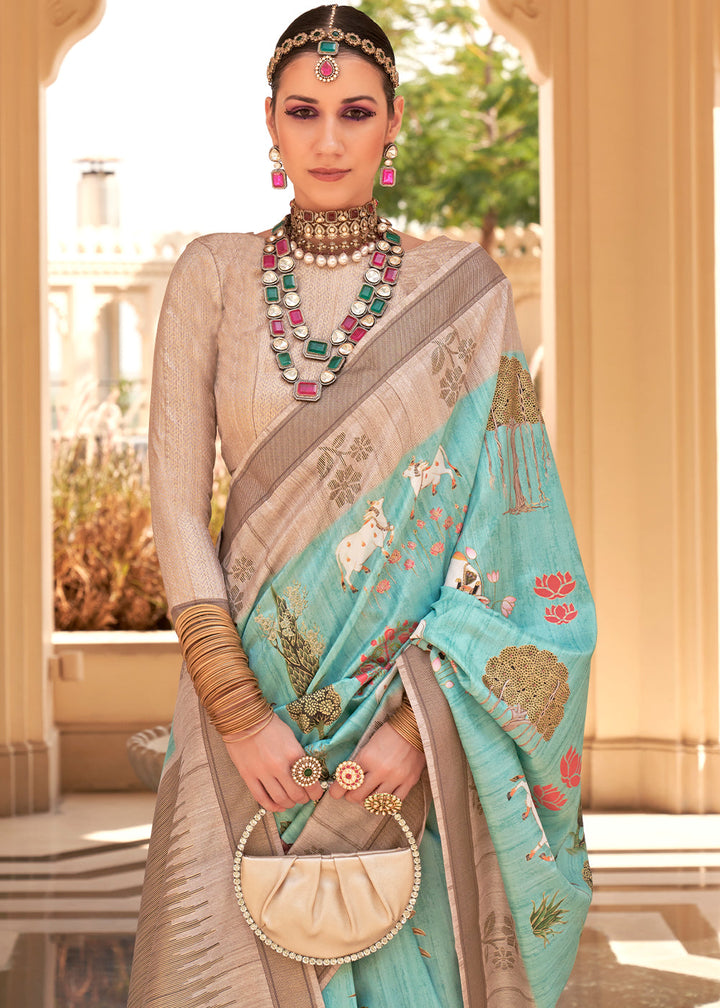 Light Sea Green Khadi Printed Raw Silk Saree