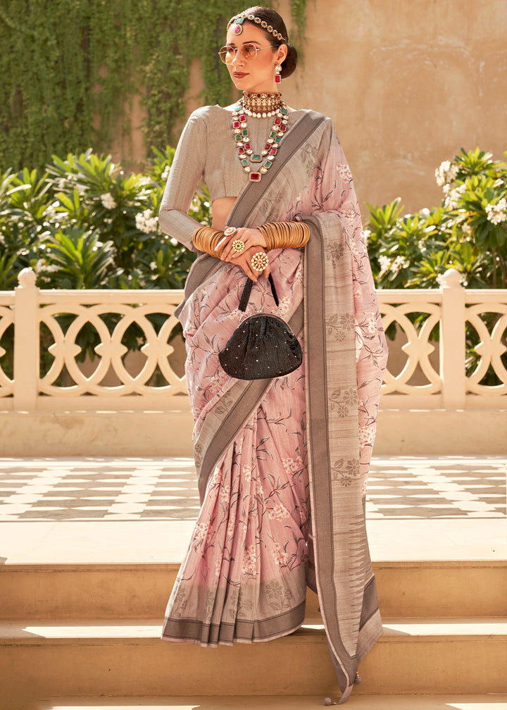 Light Peach Pink Khadi Printed Raw Silk Saree