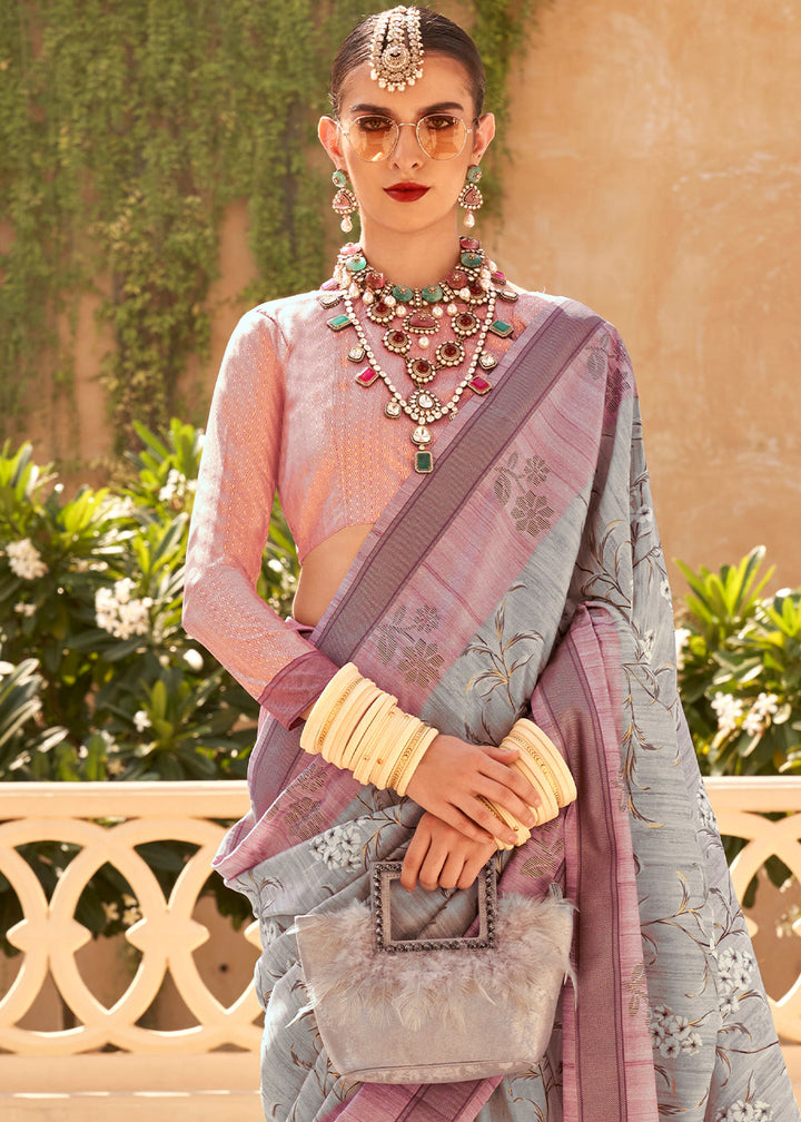 Grey & Purple Khadi Printed Raw Silk Saree