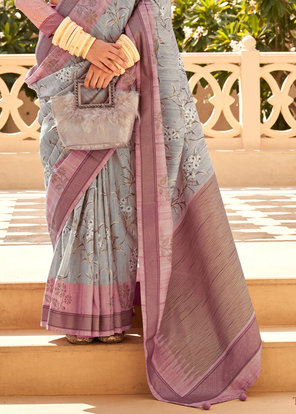 Grey & Purple Khadi Printed Raw Silk Saree