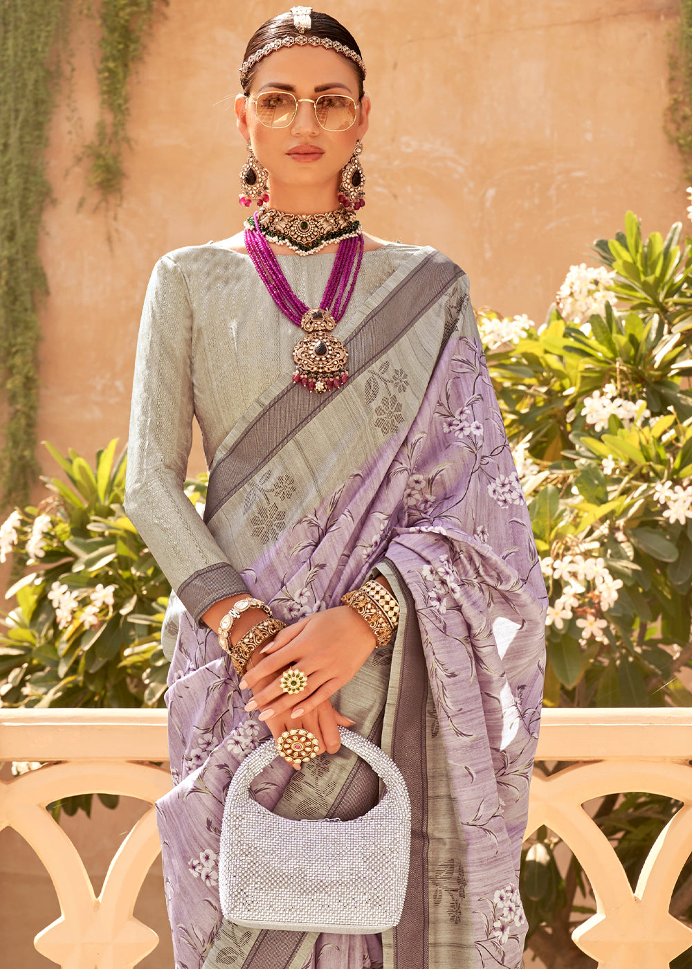 Thistle Purple Khadi Printed Raw Silk Saree