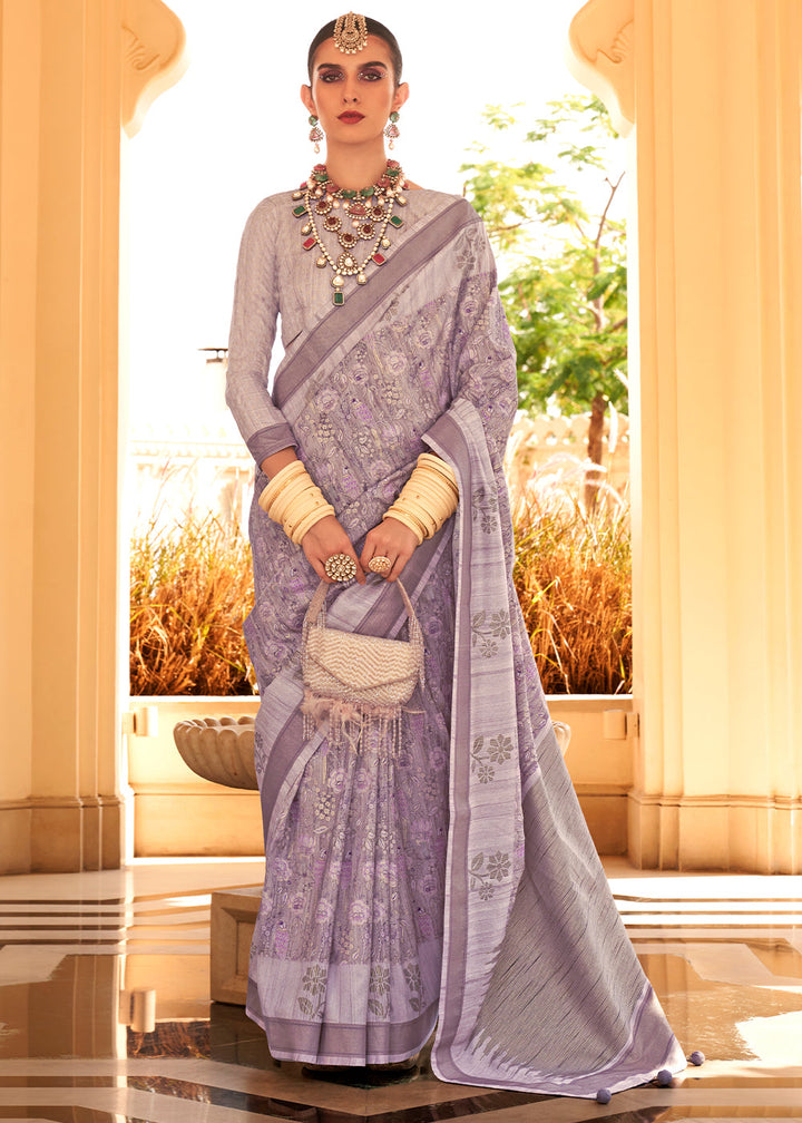 Lilac Purple Khadi Printed Raw Silk Saree