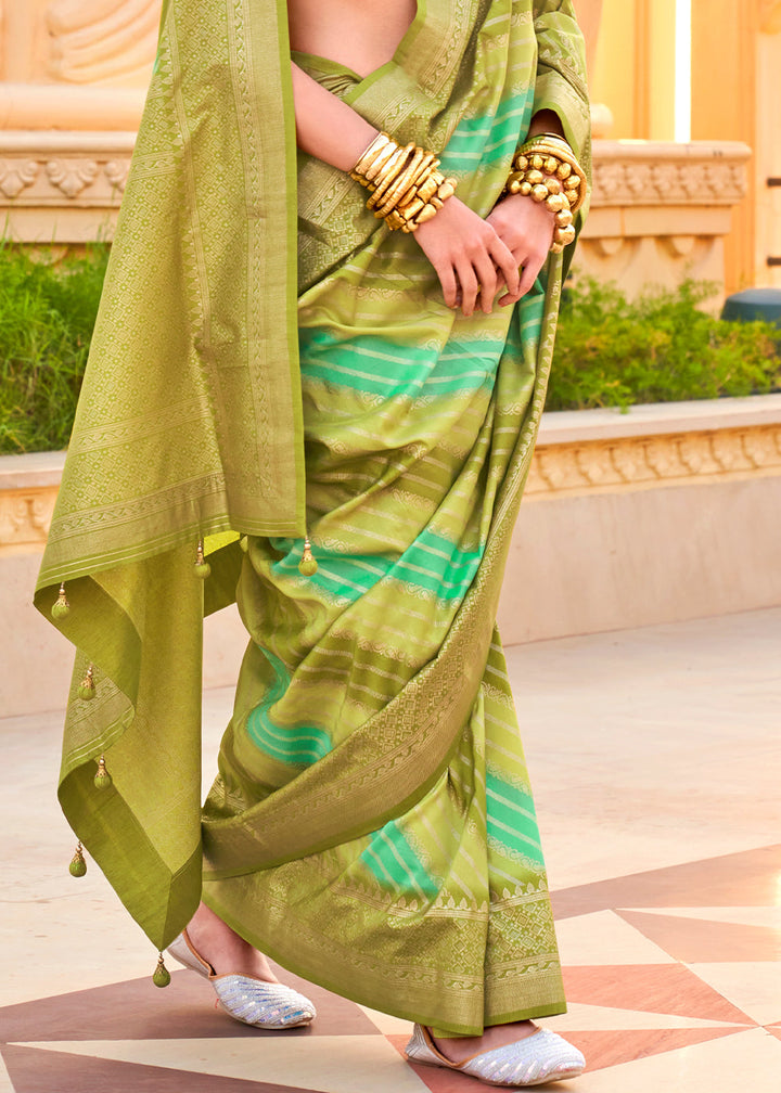 Olive Green Zari Border Designer Silk Saree