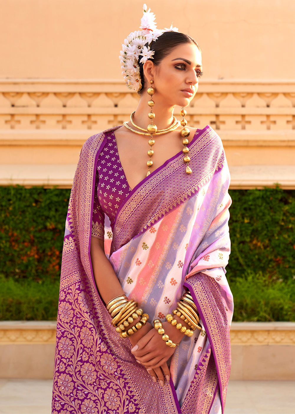 Purple & White Zari Border Designer Silk Saree