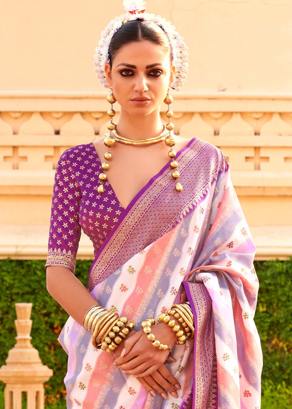 Purple & White Zari Border Designer Silk Saree