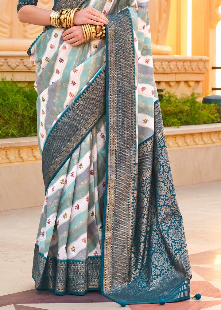 Blue & White Zari Border Designer Silk Saree