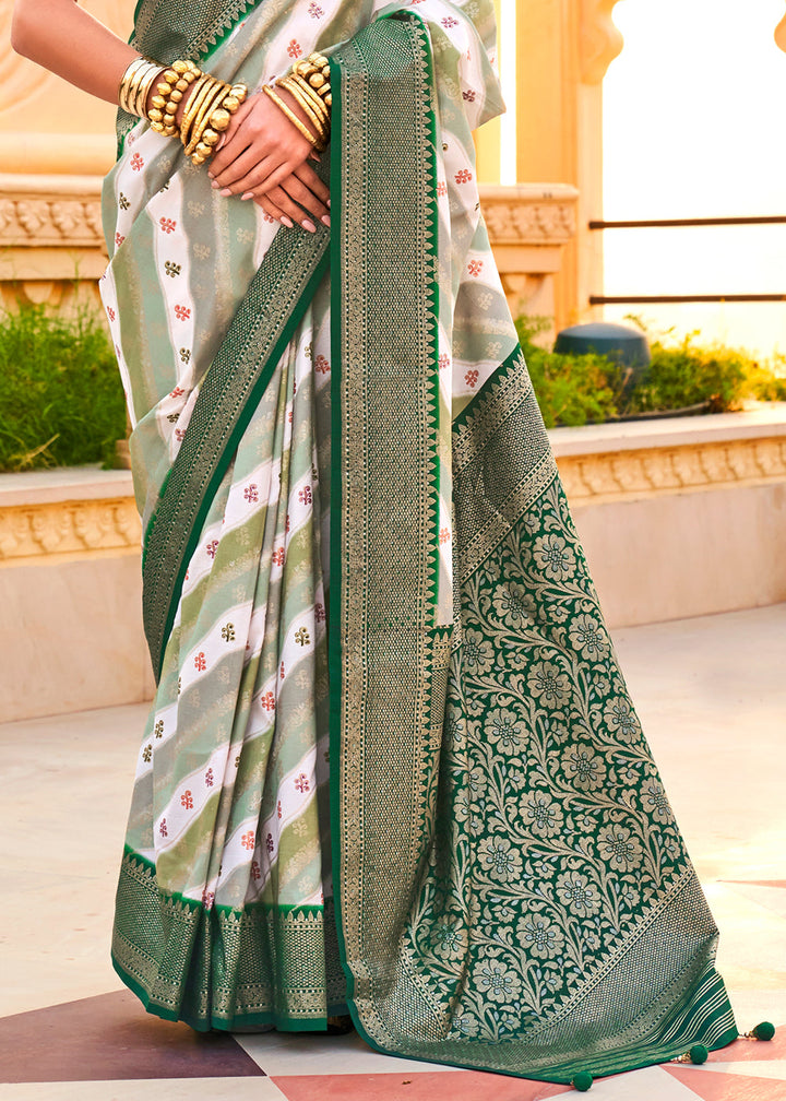 Green & White Zari Border Designer Silk Saree