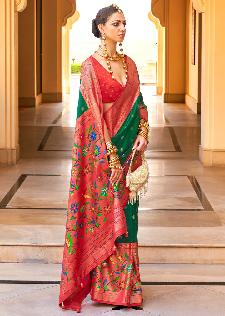 Green & Red Paithani Printed Silk Saree