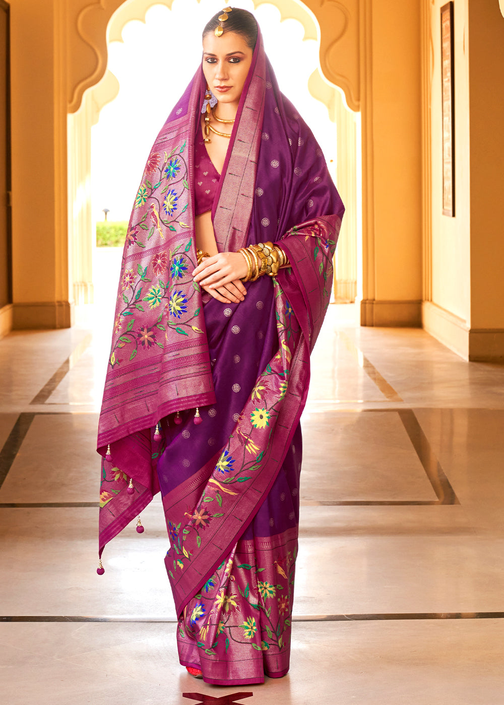 Purple & Pink Paithani Printed Silk Saree