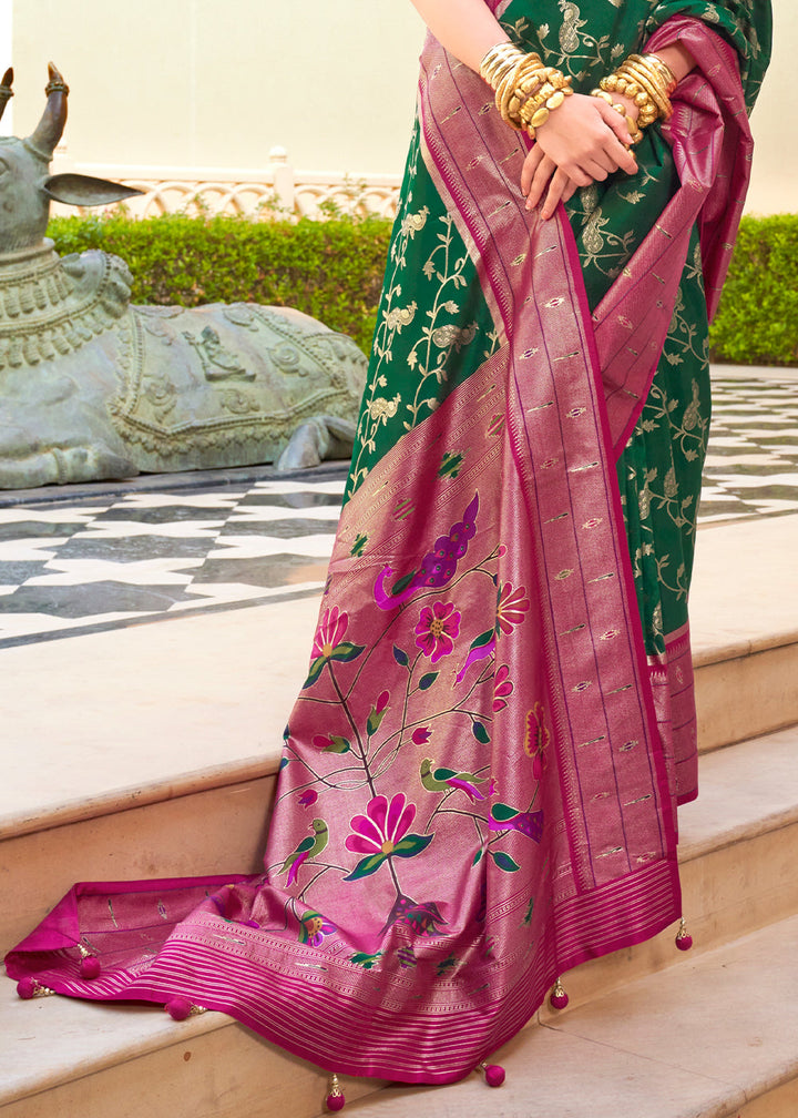 Green & Pink Paithani Printed Silk Saree