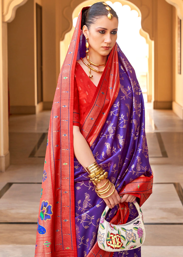 Purple & Red Paithani Printed Silk Saree