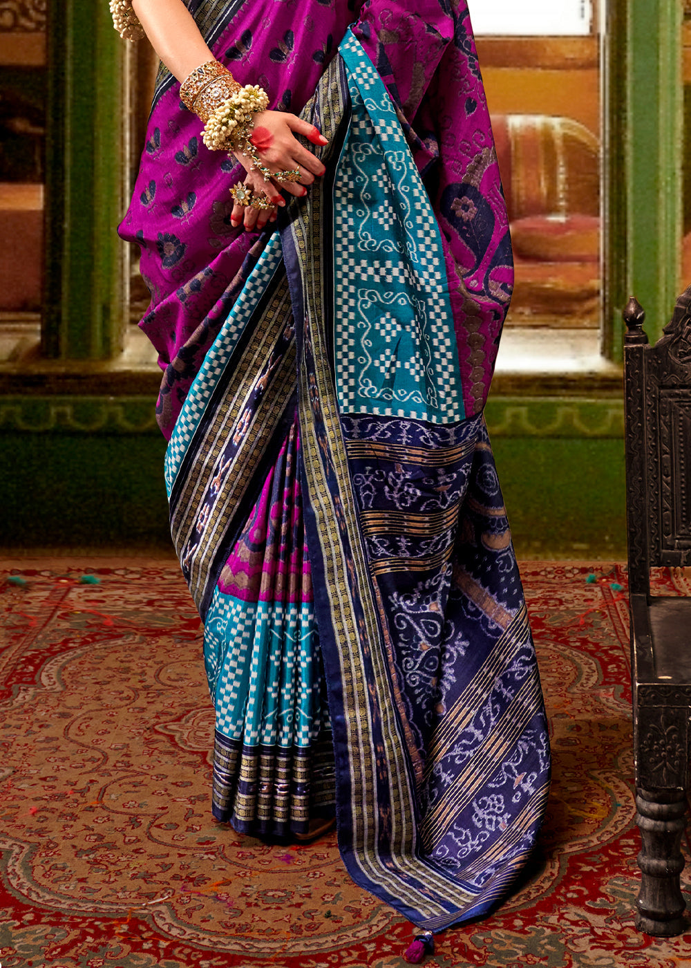 Pink & Blue Traditional Patola Printed Silk Saree