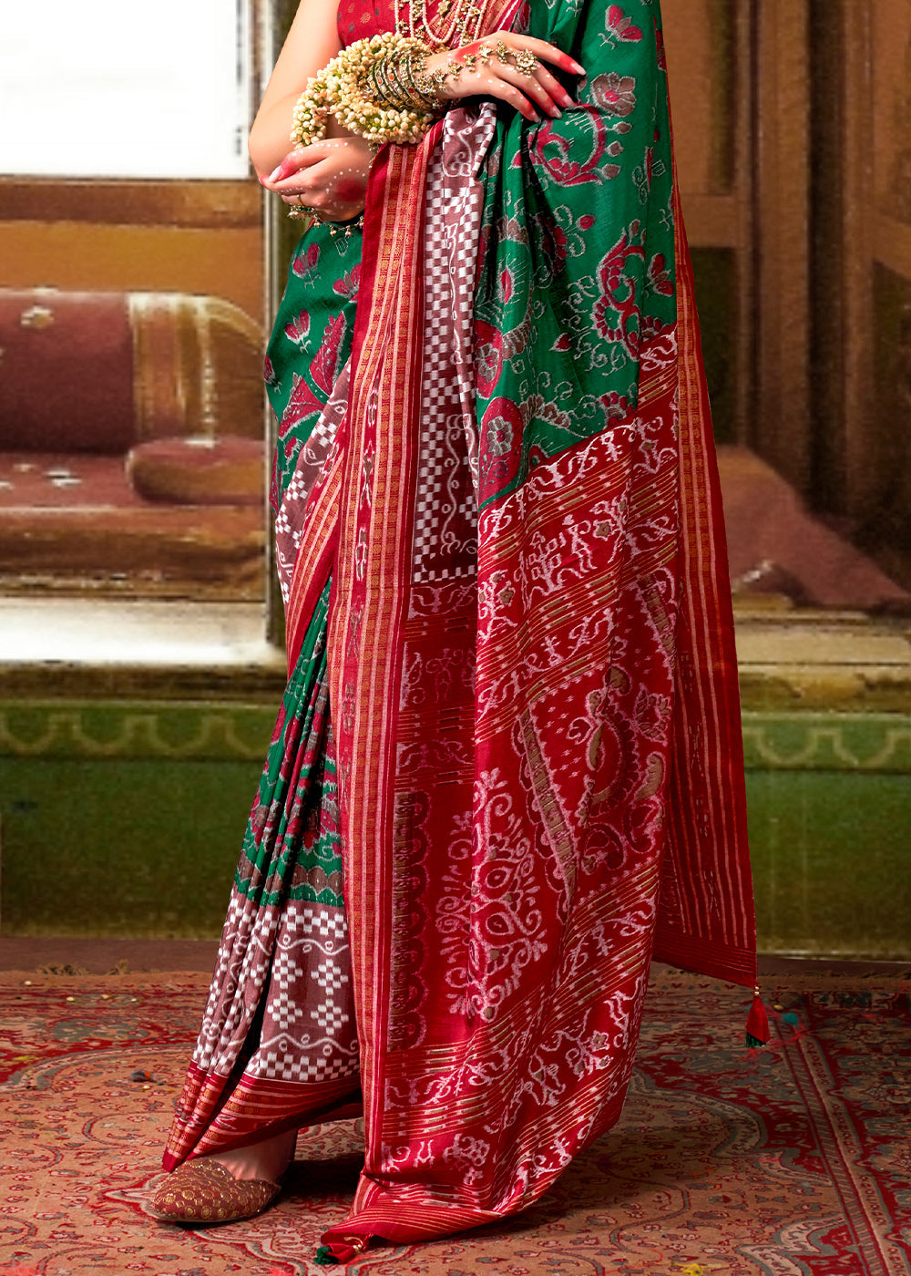 Forest  Green Traditional Patola Printed Silk Saree