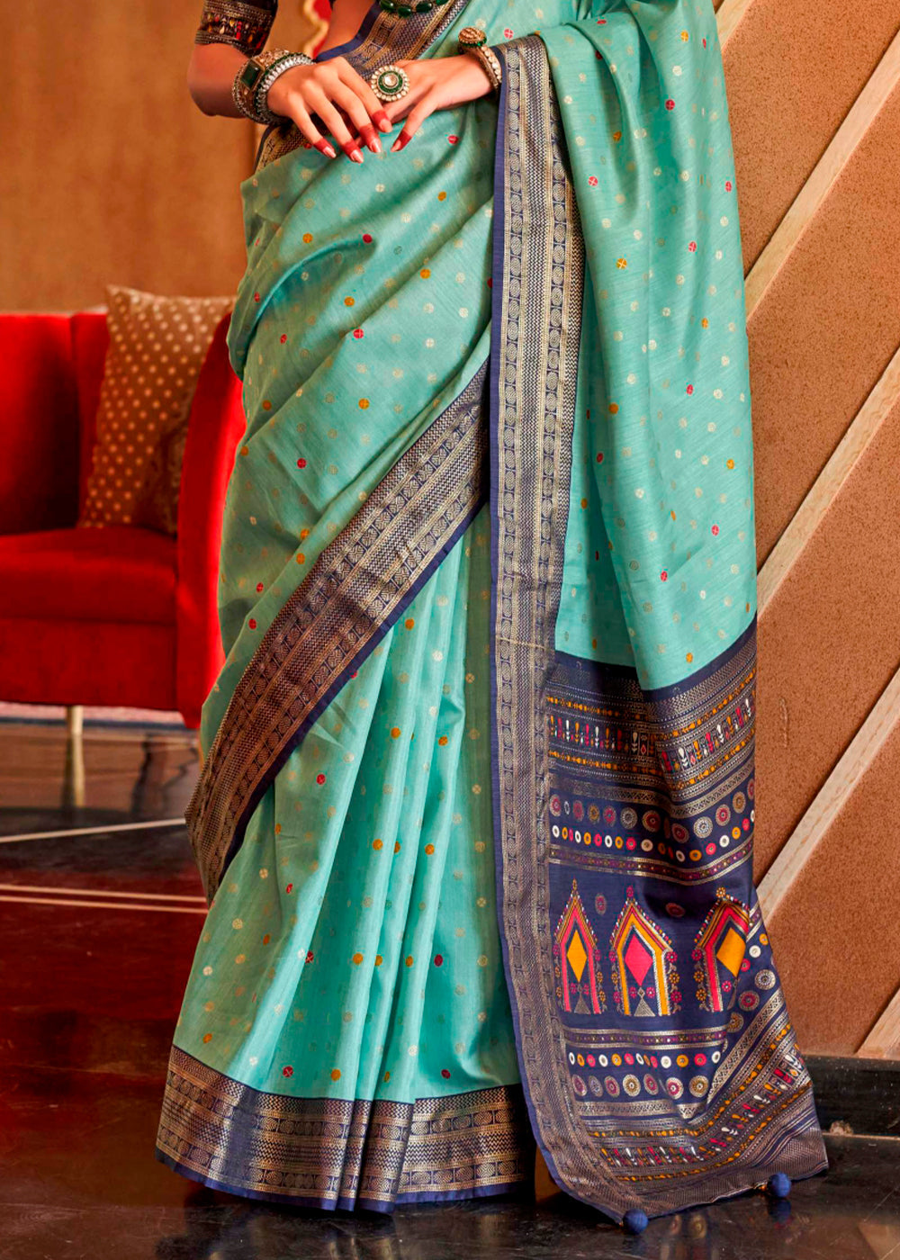 Green & Blue Patola Silk Saree with Sambhal Puri Print