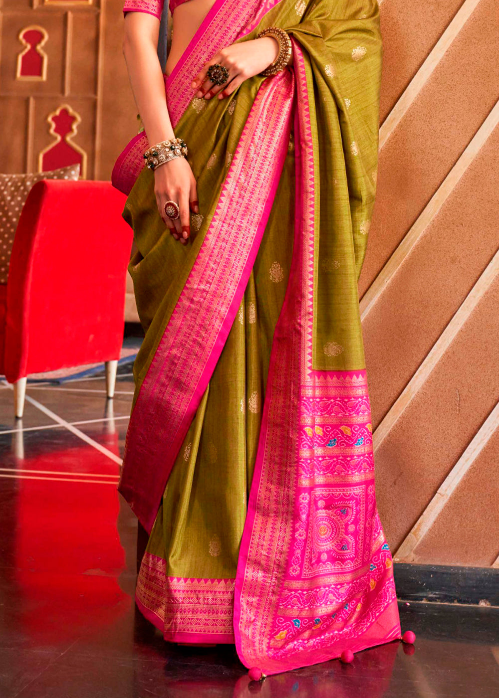 Olive Green Patola Silk Saree with Sambhal Puri Print