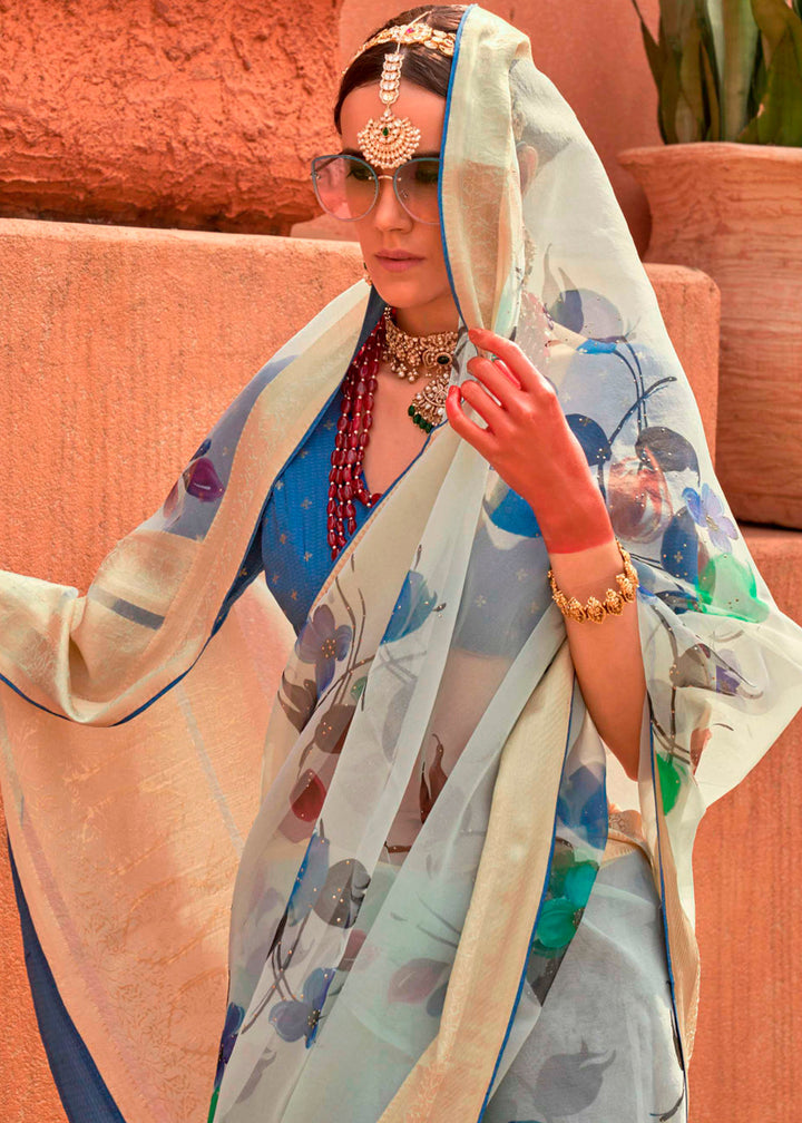 Powder Blue Floral Printed Designer Organza Silk Saree