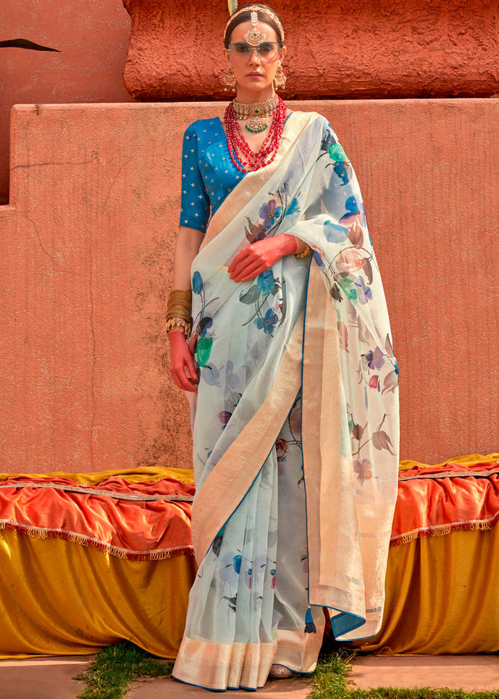 Powder Blue Floral Printed Designer Organza Silk Saree