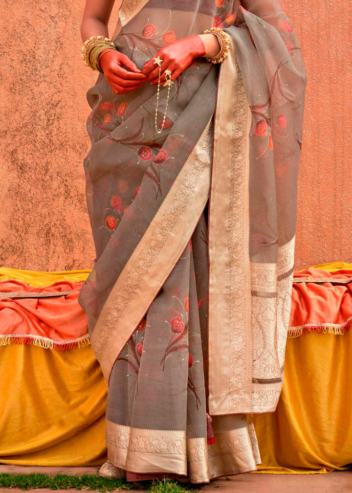 Greyish Brown Floral Printed Designer Organza Silk Saree