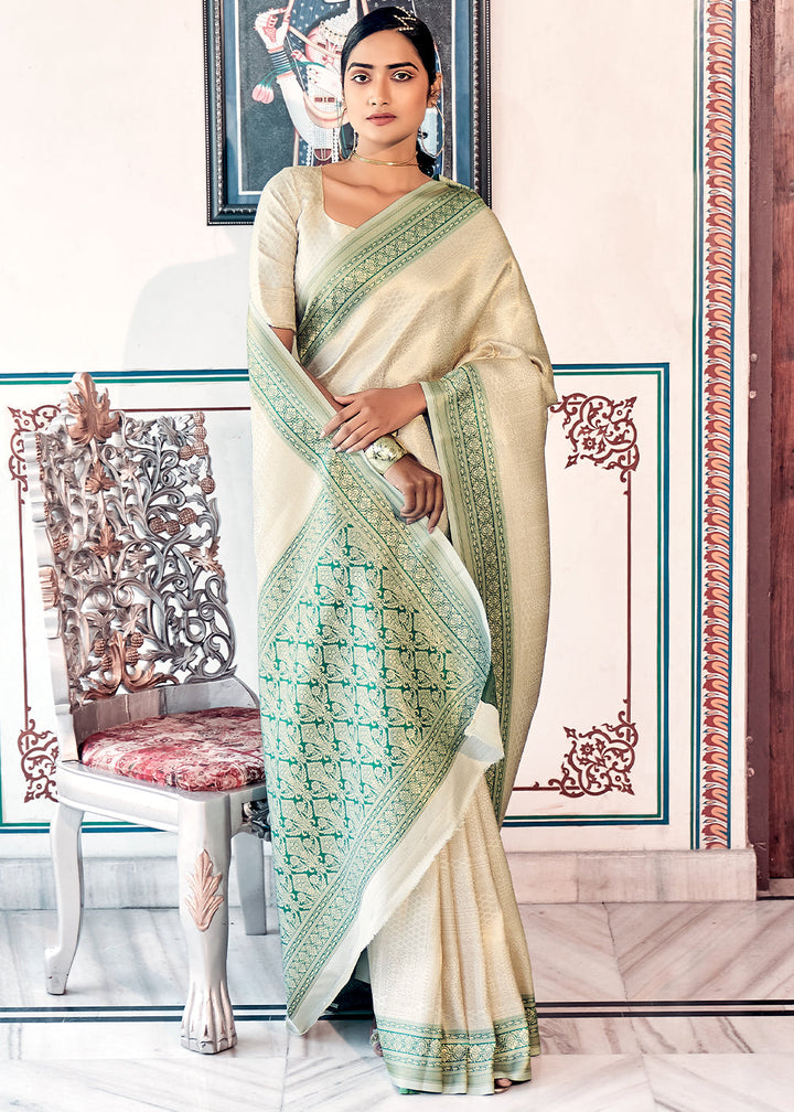 Off White & Green Zari Woven Kanjivaram Silk Saree