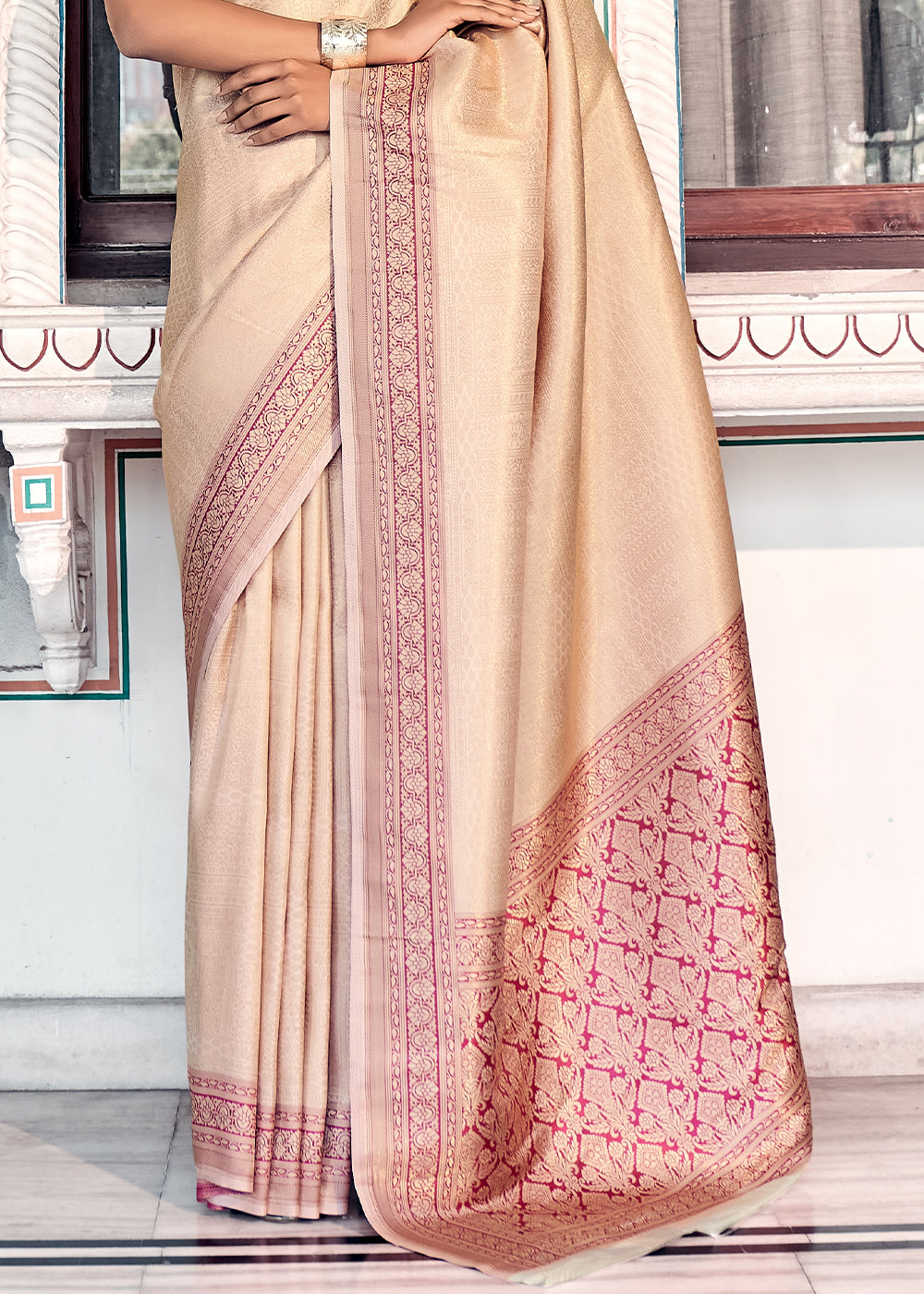 Beige Brown & Purple Zari Woven Kanjivaram Silk Saree