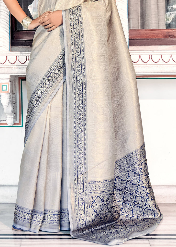 Light Grey & Blue Zari Woven Kanjivaram Silk Saree