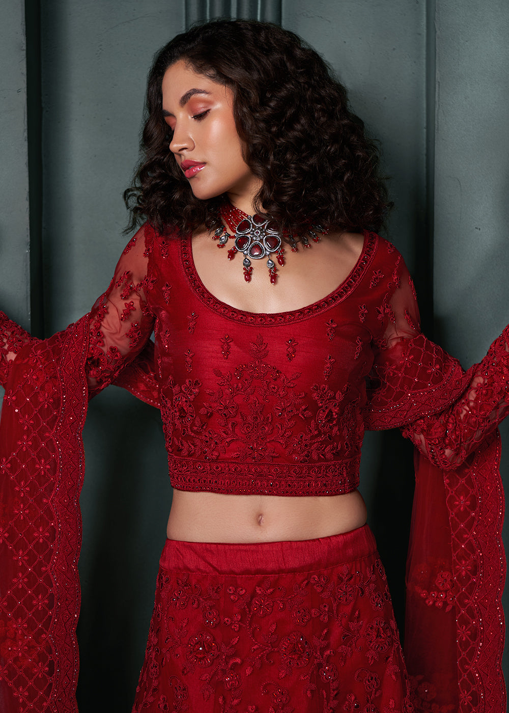 Dark Crimson Red Net Lehenga Choli Beautifully Embroidered with Thread, Badla work & all Over Embellishments Stone work