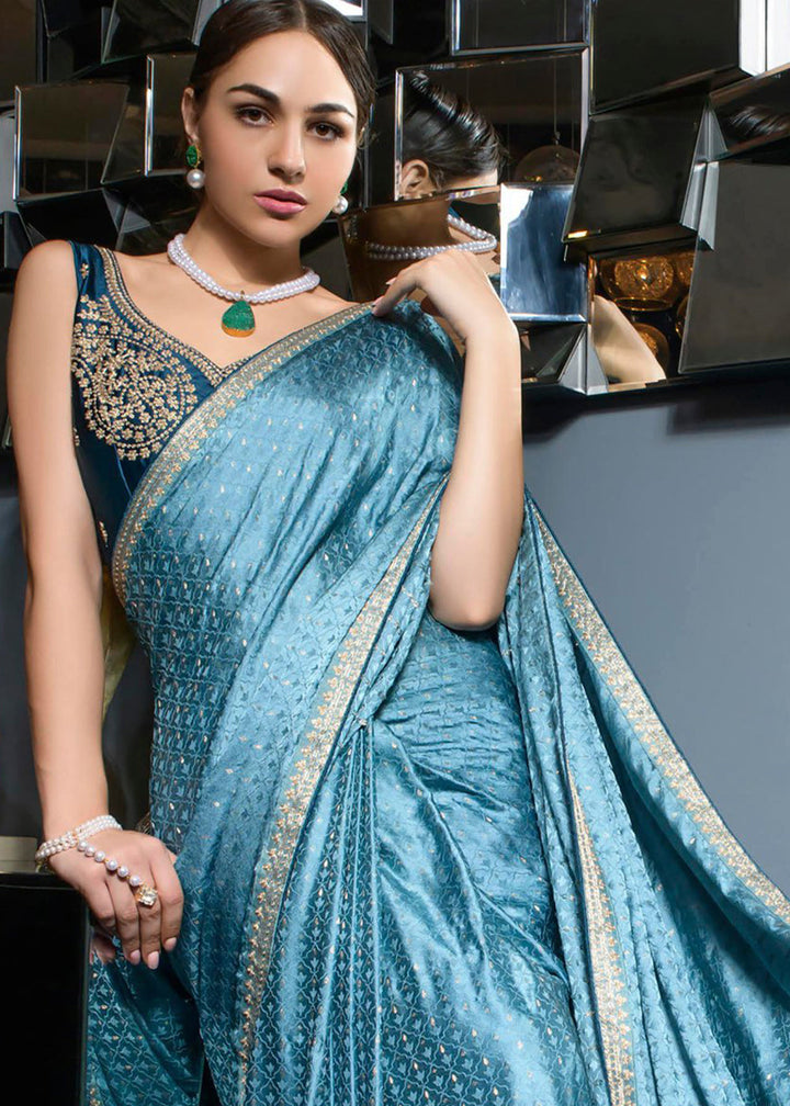 Pacific Blue Embroidered Viscose Satin Saree