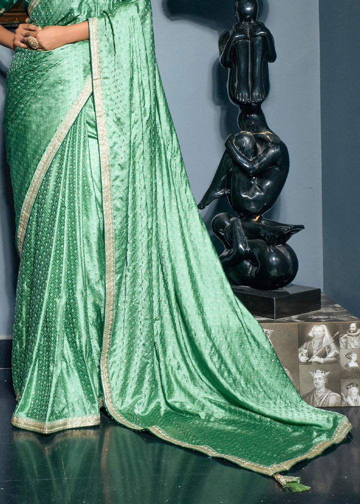 Seafoam Green Embroidered Viscose Satin Saree