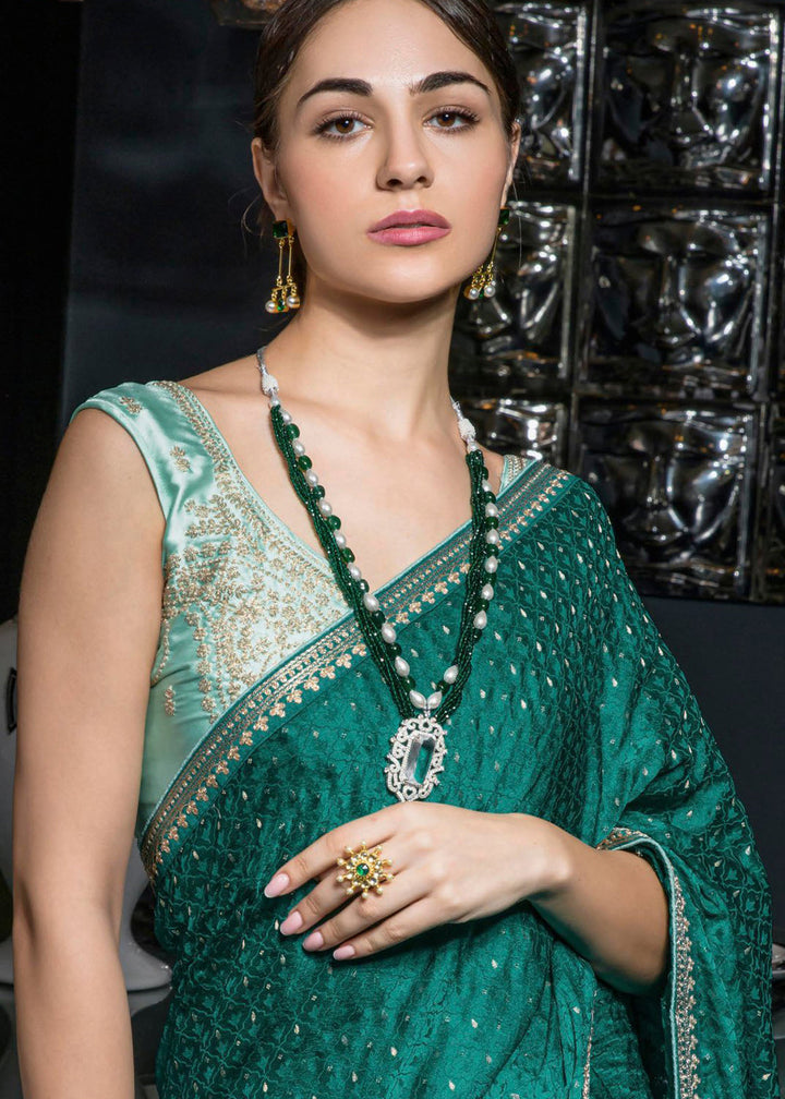 Pine Green Embroidered Viscose Satin Saree