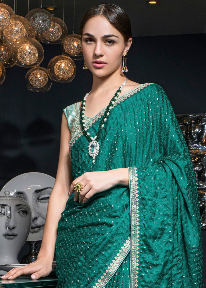 Pine Green Embroidered Viscose Satin Saree