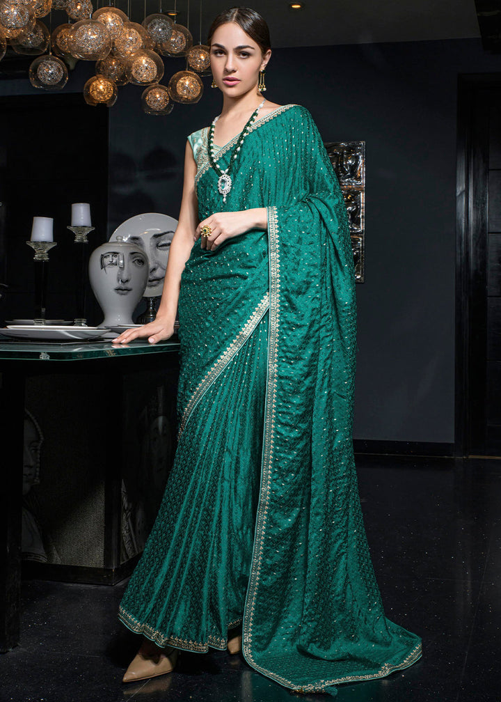 Pine Green Embroidered Viscose Satin Saree