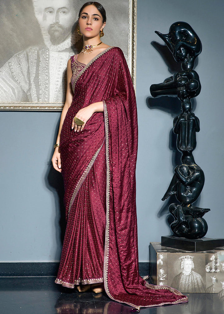 Jam Purple Embroidered Viscose Satin Saree