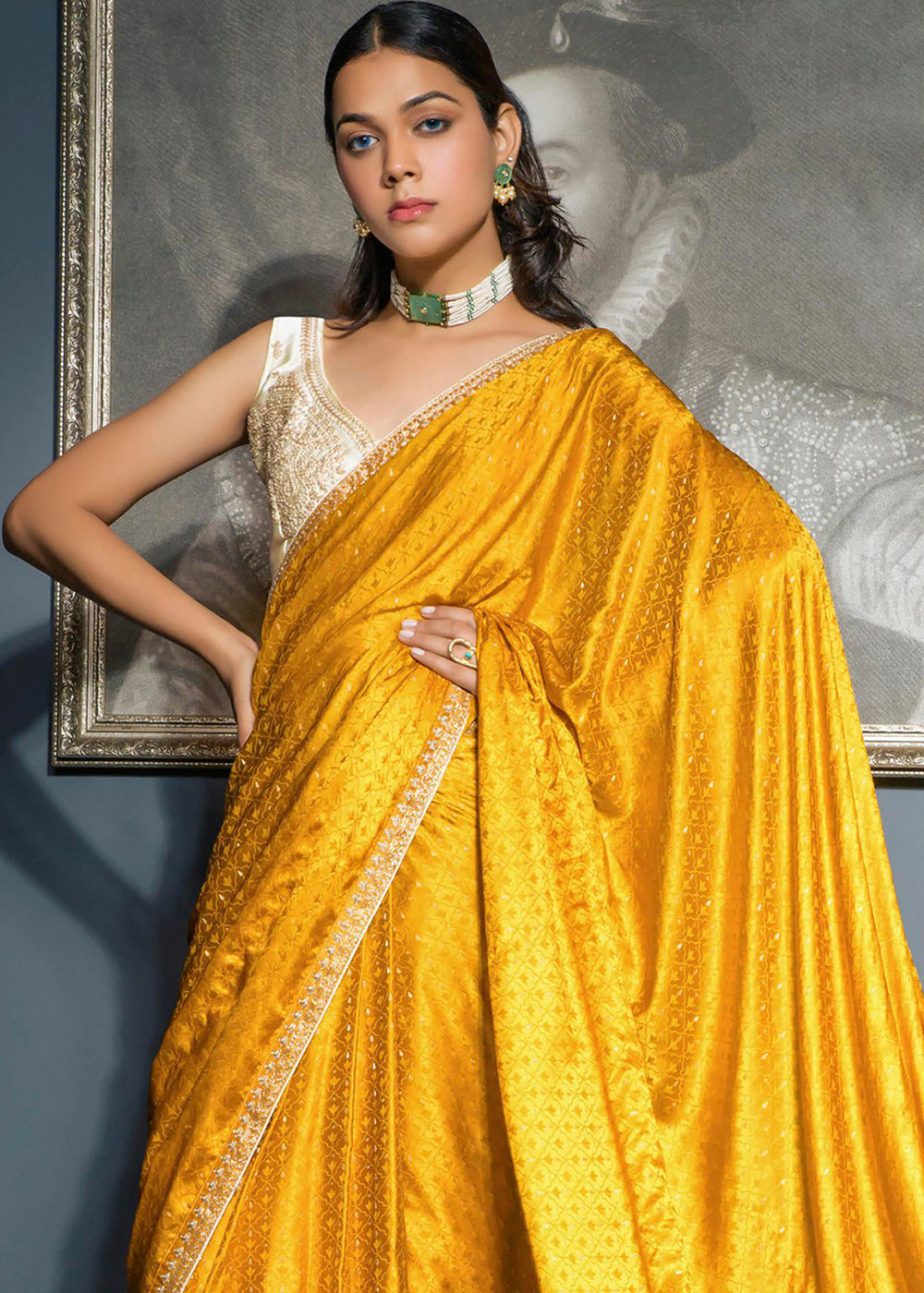 Shades Of Yellow Embroidered Viscose Satin Saree