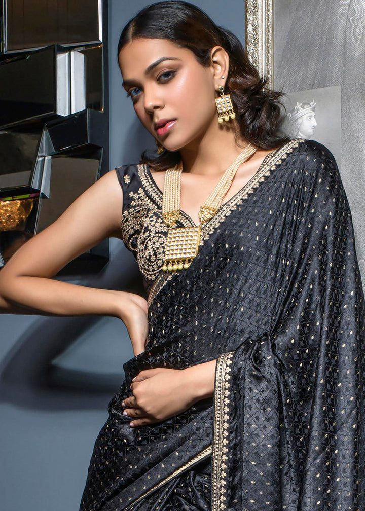 Pebble Black Embroidered Viscose Satin Saree