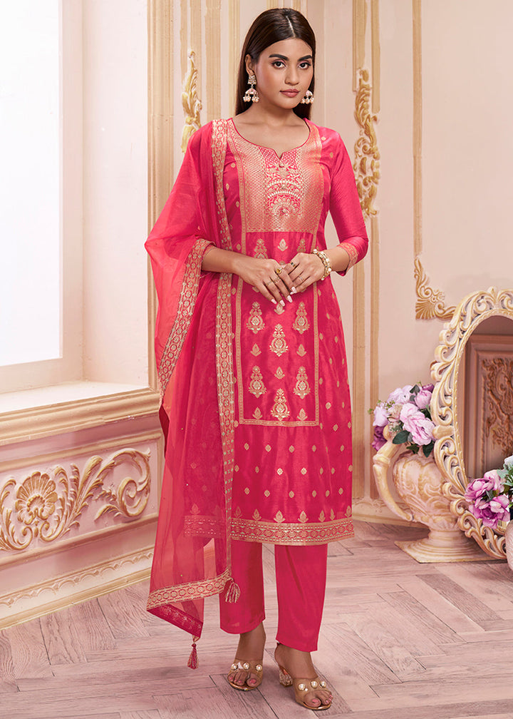 Raspberry Pink Dola Silk Jacquard Kurta with Santoon Trouser and Organza Dupatta