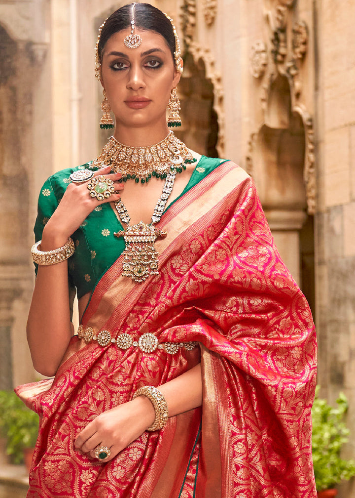 Reddish Pink Zari Woven Banarasi Silk Saree