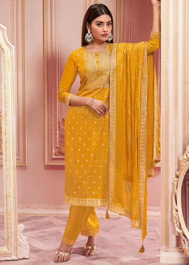 Honey Yellow Dola Silk Jacquard Kurta with Santoon Trouser Bottom and Chinon Dupatta