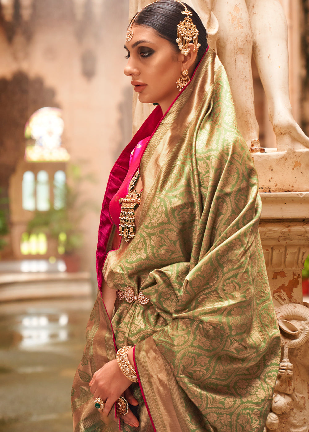 Olive Green Zari Woven Banarasi Silk Saree