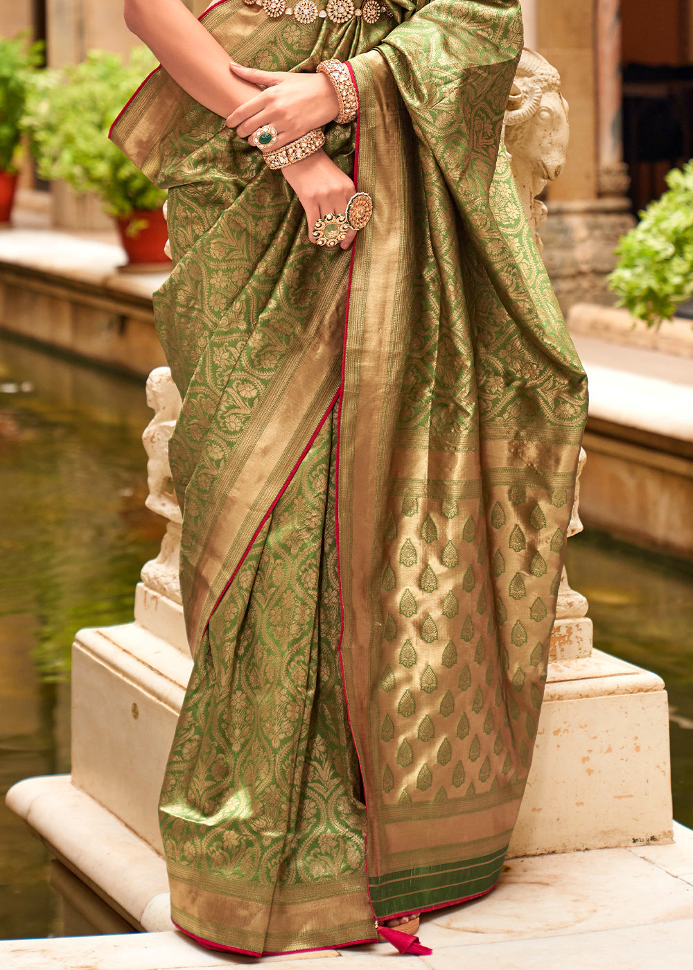 Olive Green Zari Woven Banarasi Silk Saree