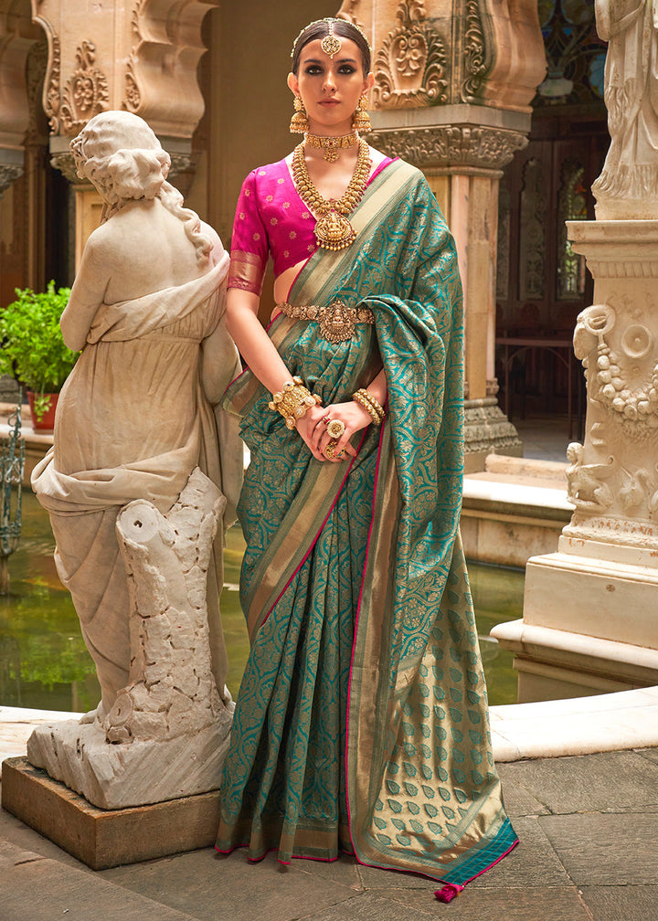 Teal Green Zari Woven Banarasi Silk Saree